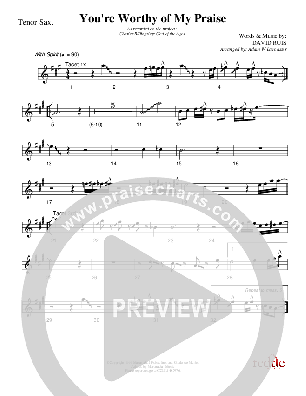 You're Worthy Of My Praise Tenor Sax 2 (Charles Billingsley)
