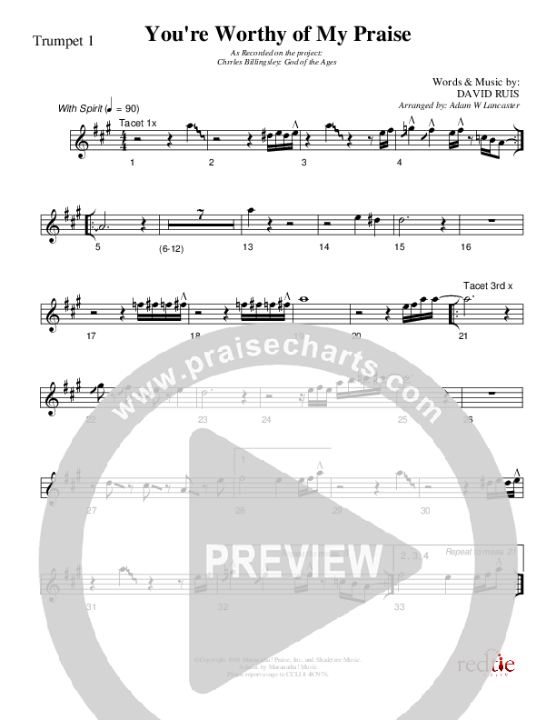 You're Worthy Of My Praise Trumpet 1 (Charles Billingsley)