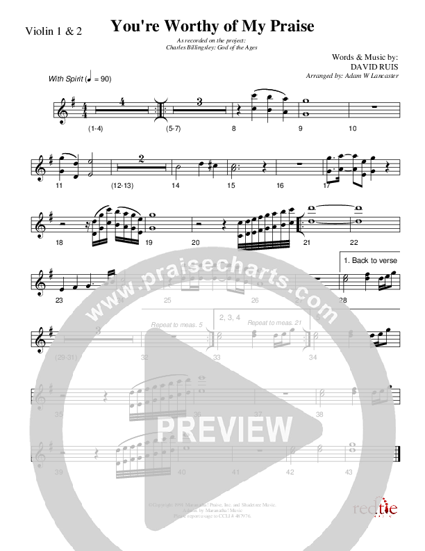 You're Worthy Of My Praise Violin 1/2 (Charles Billingsley)