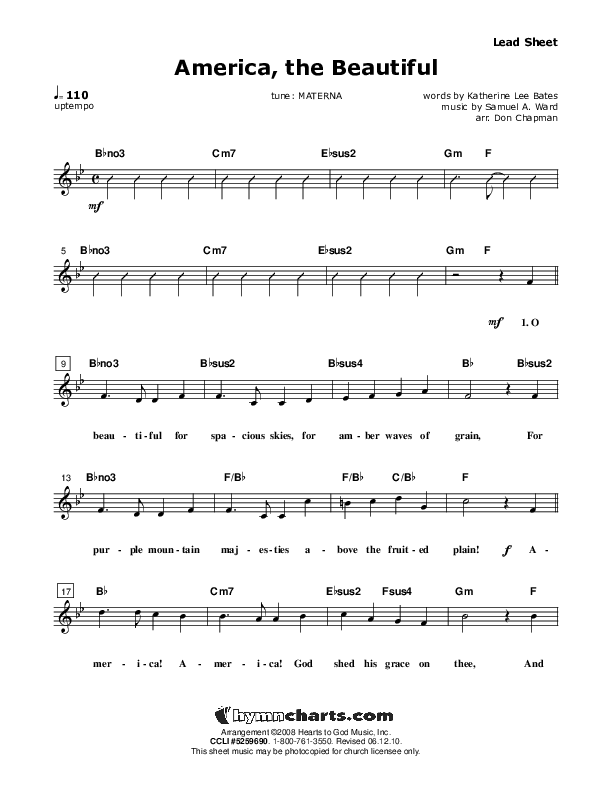 America The Beautiful Lead Sheet (Don Chapman)