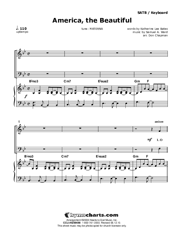 America The Beautiful Piano/Vocal (SATB) (Don Chapman)