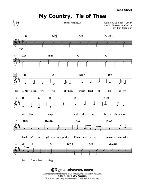 My Country Tis Of Thee Lead Sheet (Don Chapman)