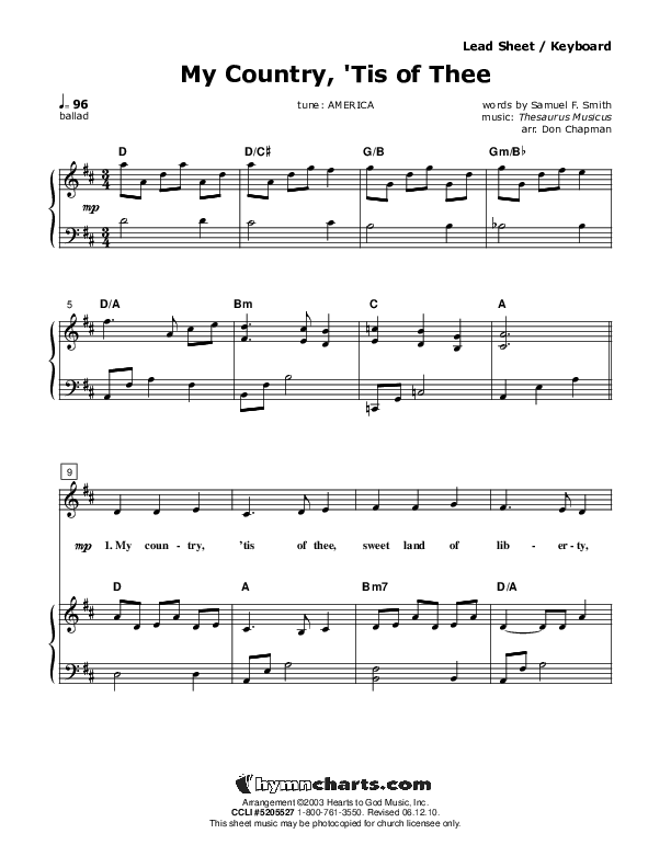 My Country Tis Of Thee Piano/Vocal (Don Chapman)