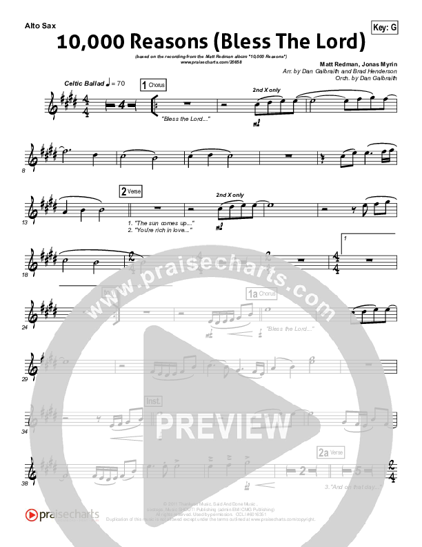 10,000 Reasons (Bless The Lord) Alto Sax (Matt Redman / Passion)