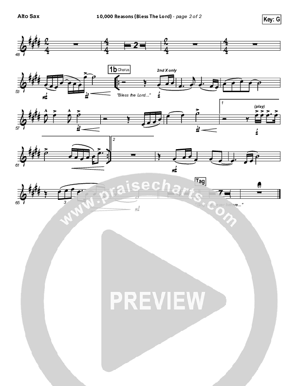 10,000 Reasons (Bless The Lord) Alto Sax (Matt Redman / Passion)