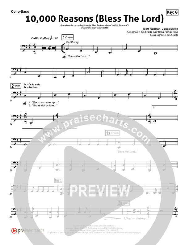 10,000 Reasons (Bless The Lord) Cello/Bass (Matt Redman / Passion)