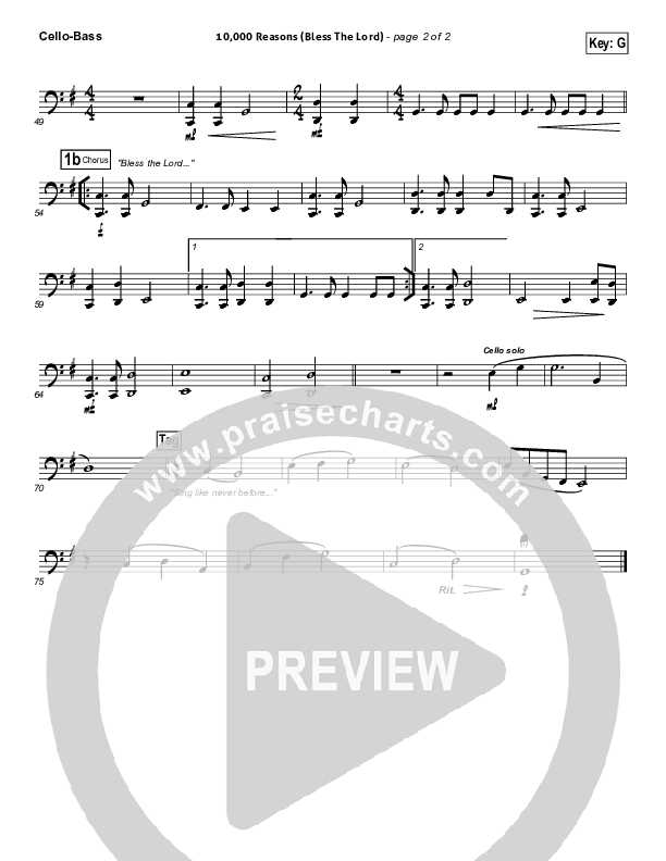 10,000 Reasons (Bless The Lord) Cello/Bass (Matt Redman / Passion)