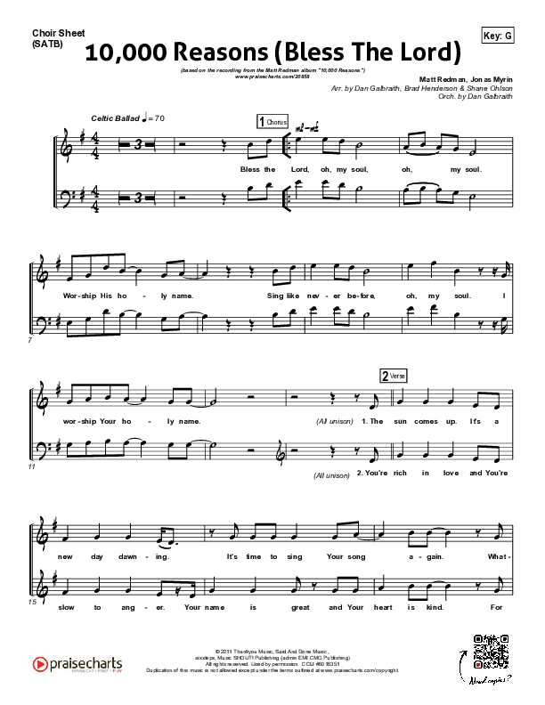 10,000 Reasons (Bless The Lord) Choir Sheet (SATB) (Matt Redman / Passion)