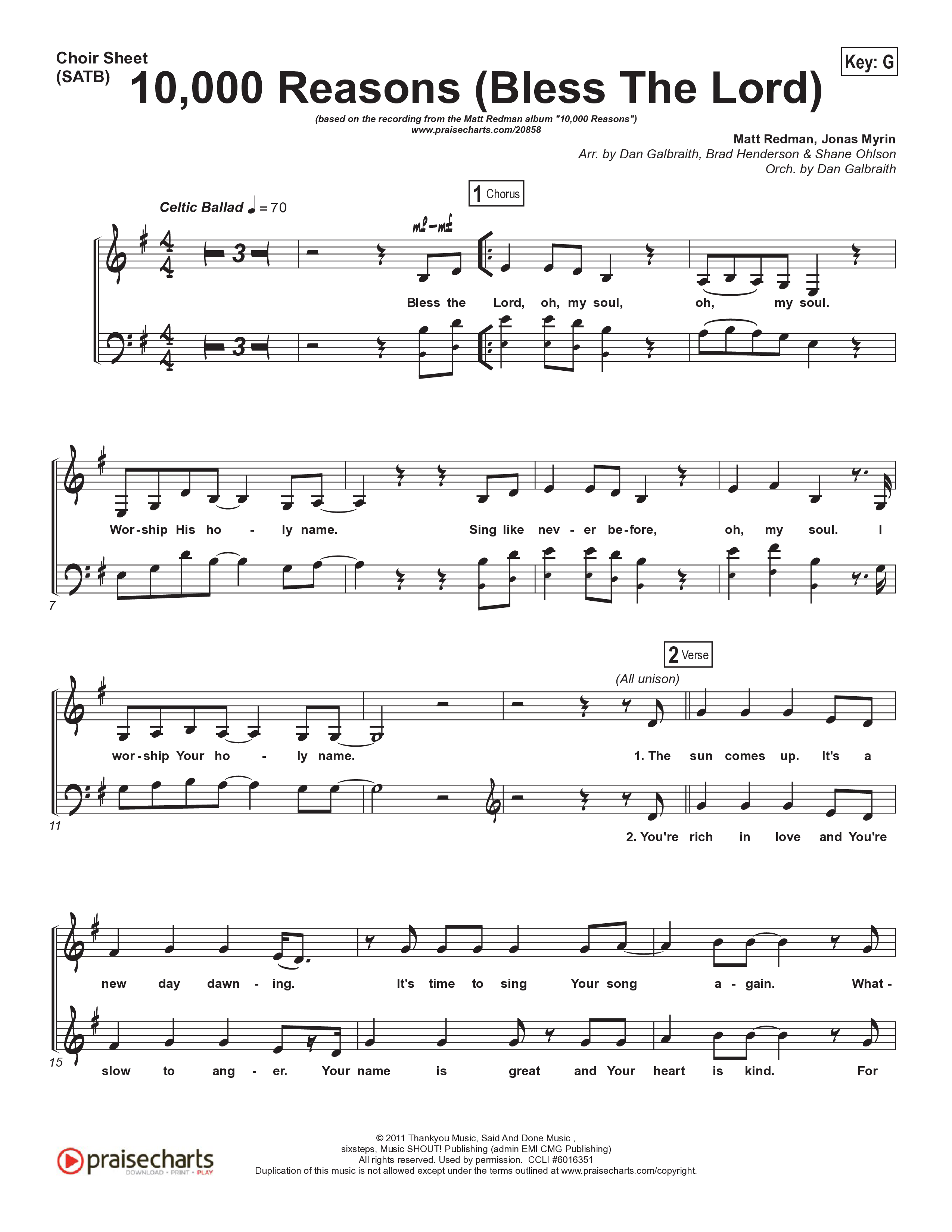 10,000 Reasons (Bless The Lord) Choir Sheet (SATB) (Matt Redman / Passion)