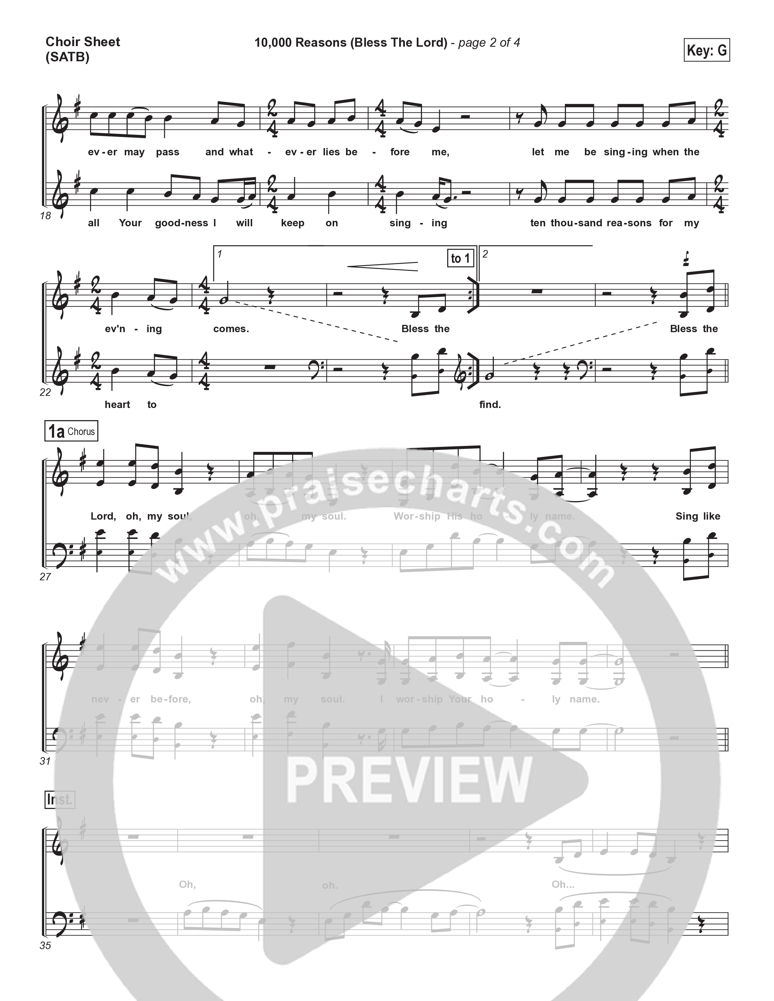 10,000 Reasons (Bless The Lord) Choir Sheet (SATB) (Matt Redman / Passion)