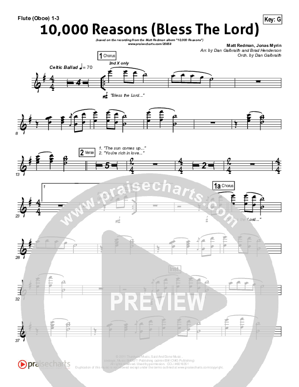 10,000 Reasons (Bless The Lord) Flute/Oboe 1/2/3 (Matt Redman / Passion)