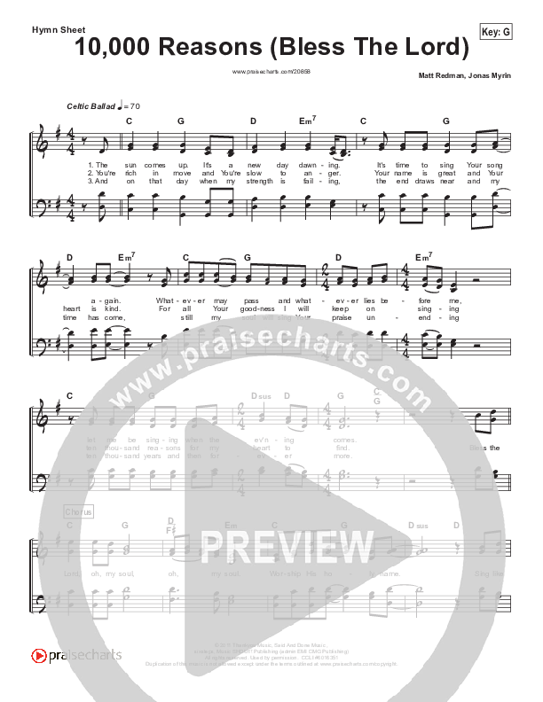 10,000 Reasons (Bless The Lord) Hymn Sheet (Matt Redman / Passion)