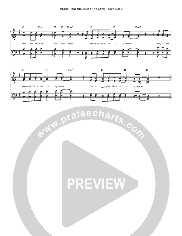 10,000 Reasons (Bless The Lord) Hymn Sheet (Matt Redman / Passion)