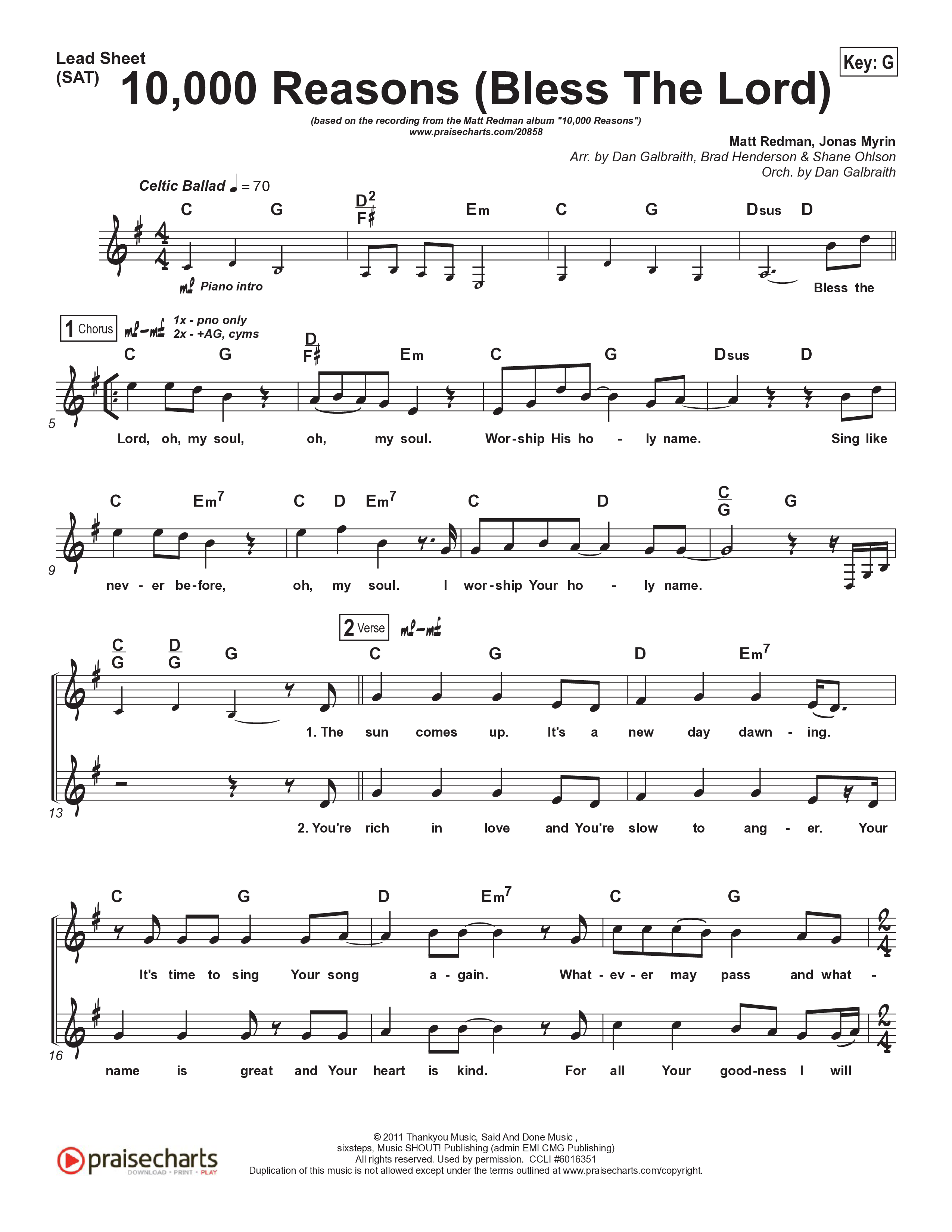 10,000 Reasons (Bless The Lord) Lead Sheet (SAT) (Matt Redman / Passion)