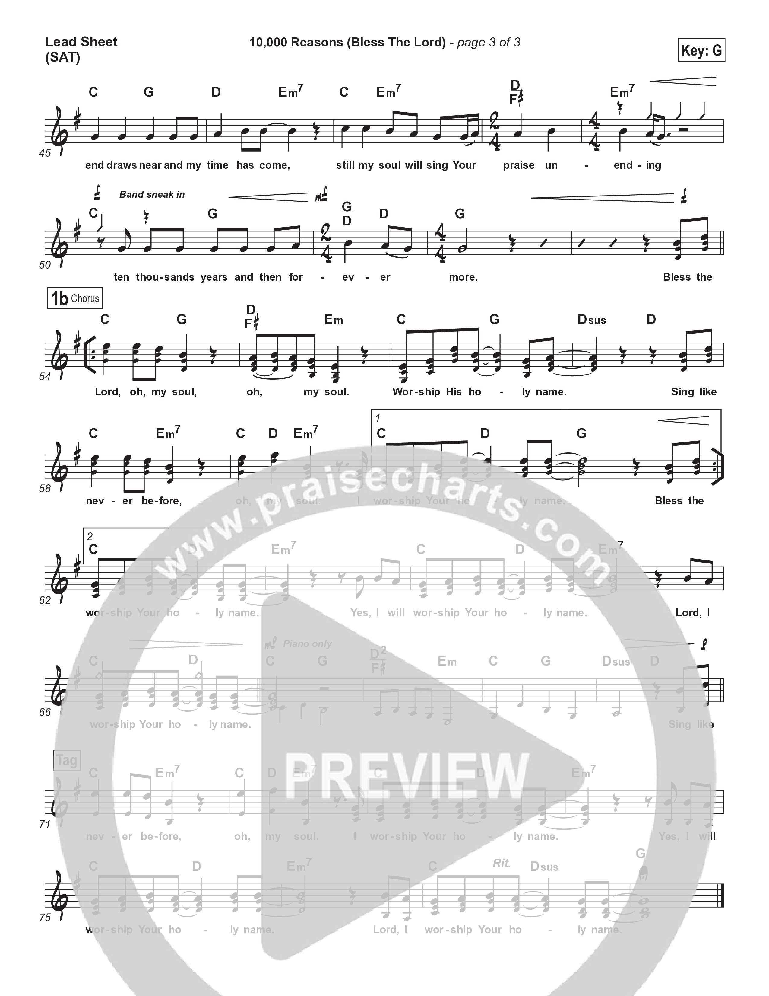 10,000 Reasons (Bless The Lord) Lead Sheet (SAT) (Matt Redman / Passion)