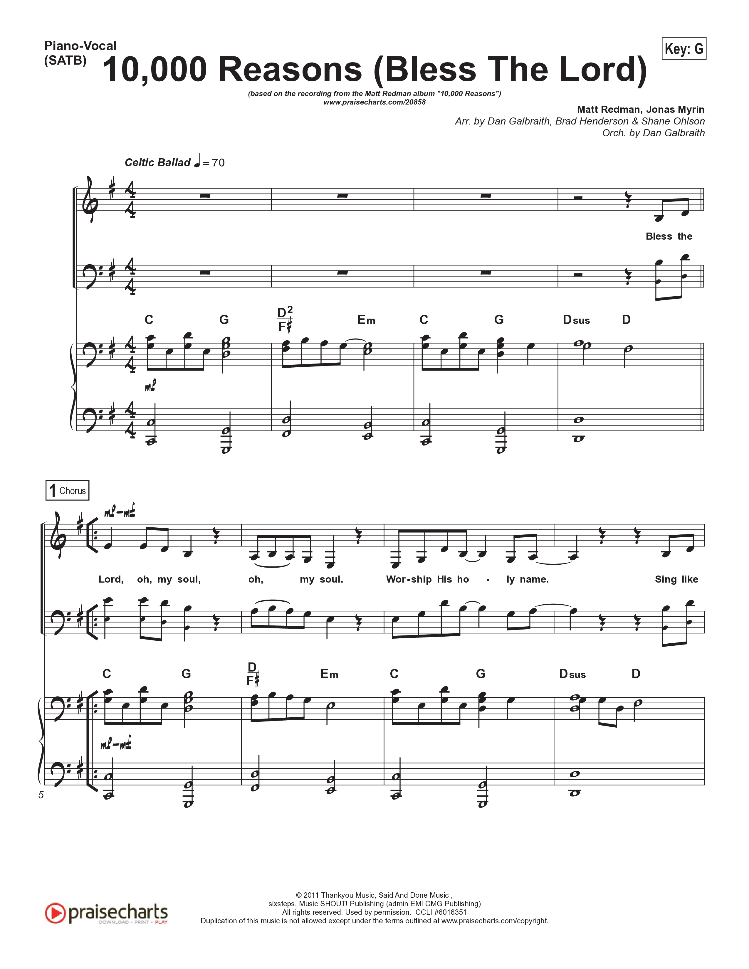 10,000 Reasons (Bless The Lord) Piano/Vocal & Lead (Matt Redman / Passion)
