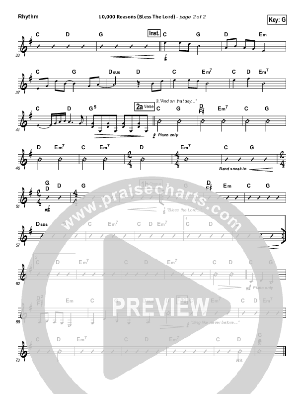 10,000 Reasons (Bless The Lord) Rhythm Chart (Matt Redman / Passion)