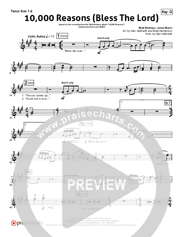10,000 Reasons (Bless The Lord) Tenor Sax 1,2 (Matt Redman / Passion)