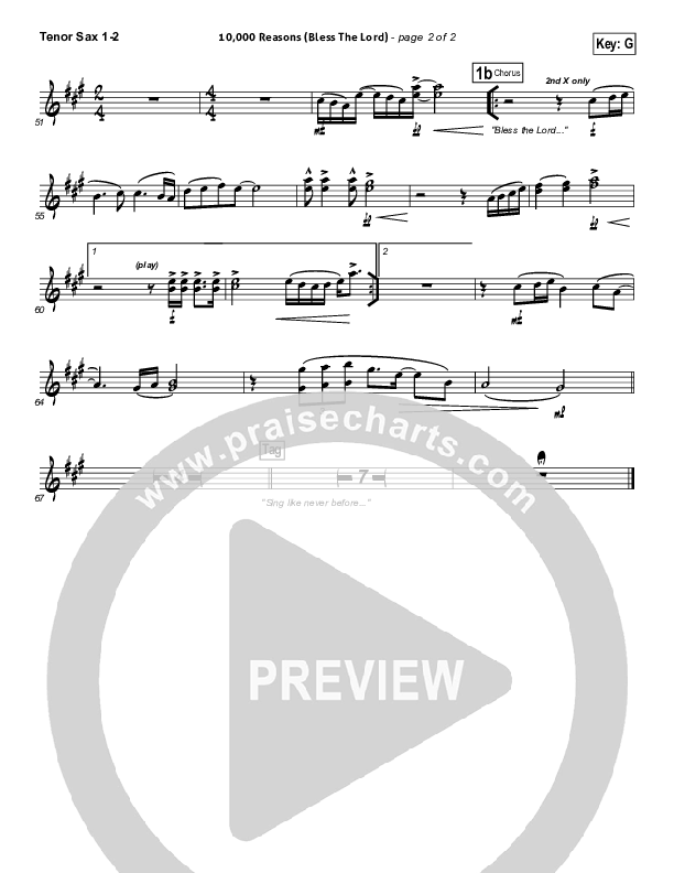 10,000 Reasons (Bless The Lord) Tenor Sax 1,2 (Matt Redman / Passion)