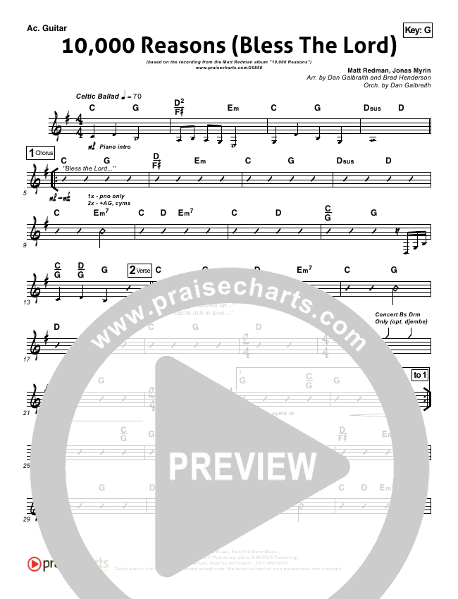 Matt Redman 10000 Reasons Chord Chart