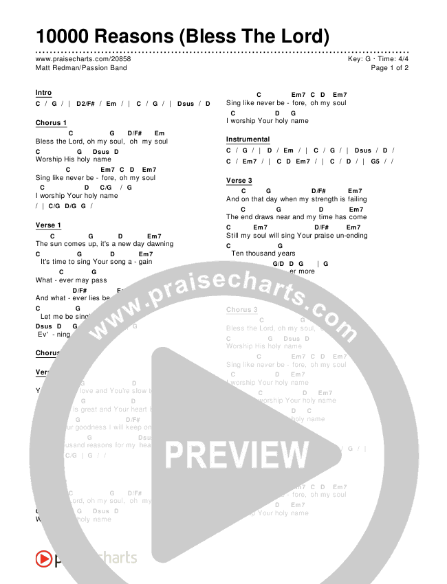 Ten Thousand Reasons Chord Chart