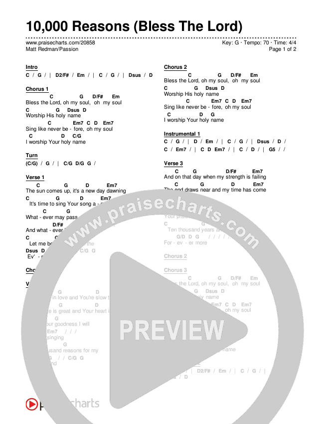 10,000 Reasons (Bless The Lord) Chords & Lyrics (Matt Redman / Passion)