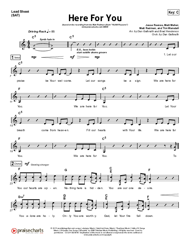 Here For You Lead Sheet (Print Only) (Matt Redman)