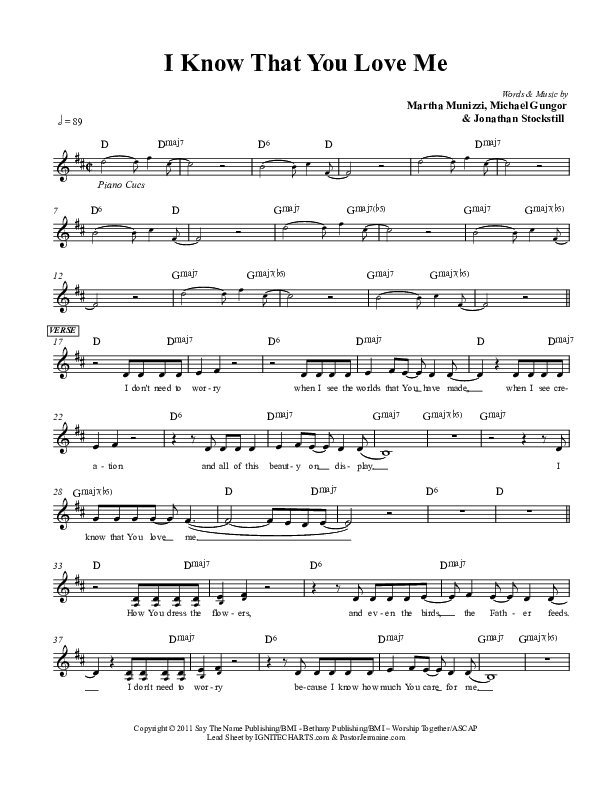 I Know That You Love Me Lead Sheet (Martha Munizzi)