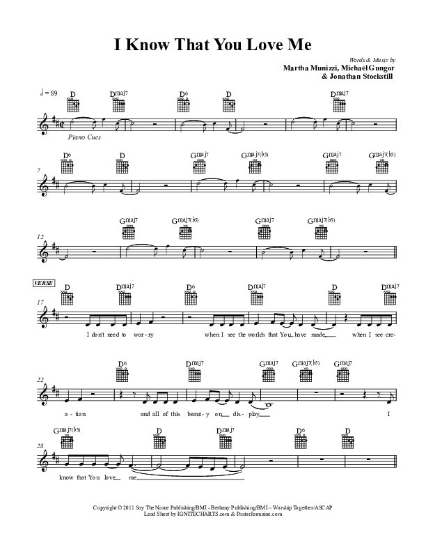I Know That You Love Me Lead Sheet (Martha Munizzi)