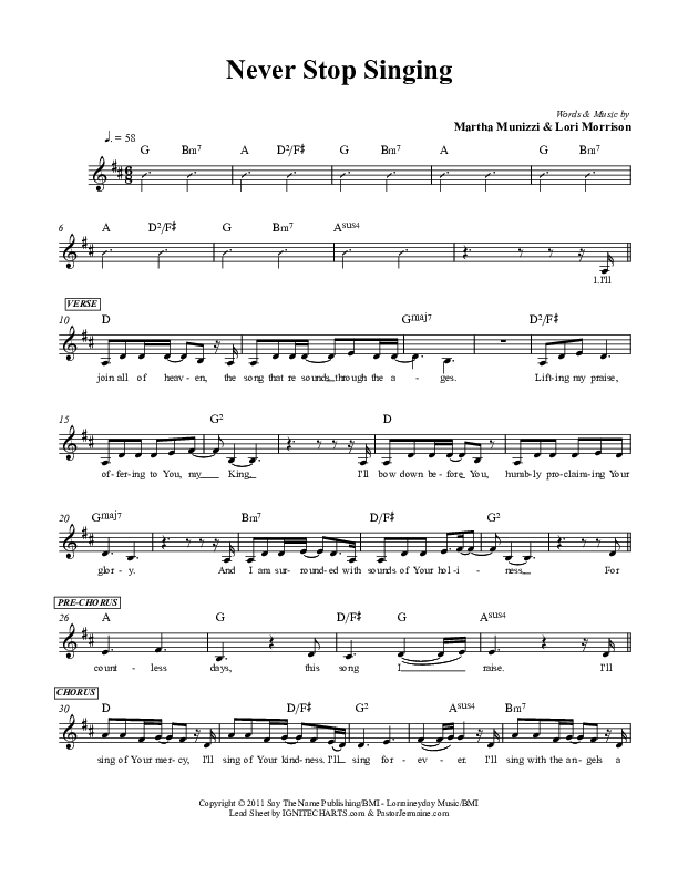 Never Stop Singing Lead Sheet (Martha Munizzi)