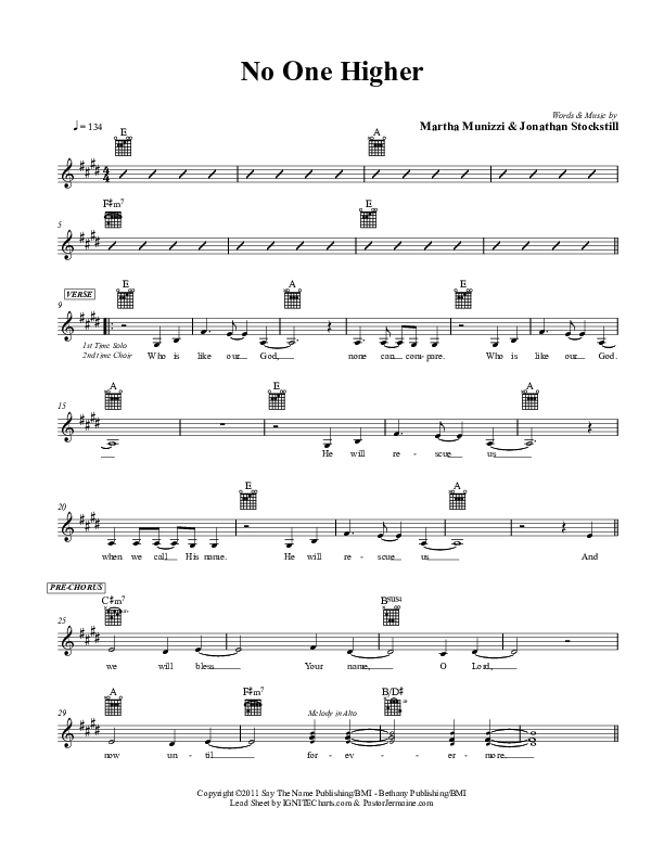 No One Higher Lead Sheet (Martha Munizzi)
