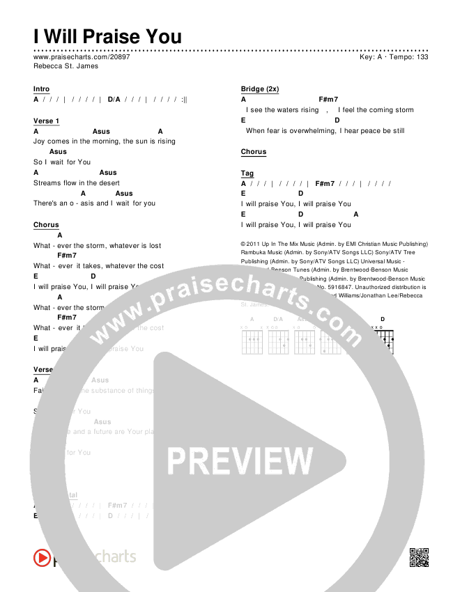 I Will Praise You  Chords & Lyrics (Rebecca St. James)