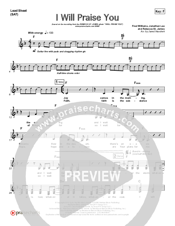 I Will Praise You  Lead Sheet (Rebecca St. James)