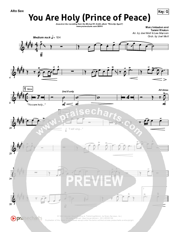 You Are Holy (Prince of Peace) Alto Sax (Michael W. Smith)