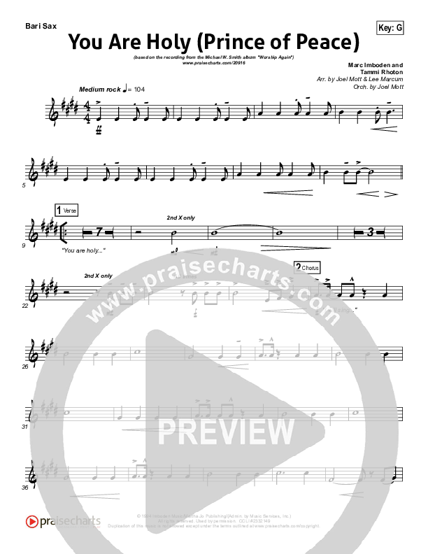 You Are Holy (Prince of Peace) Bari Sax (Michael W. Smith)