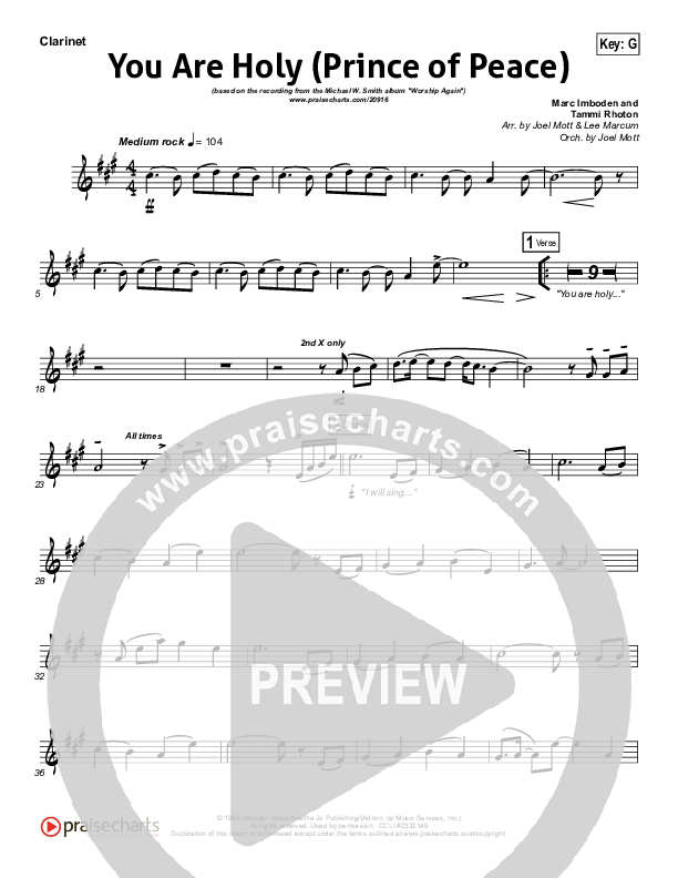 You Are Holy (Prince of Peace) Clarinet (Michael W. Smith)