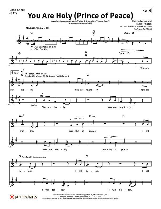 You Are Holy (Prince of Peace) Lead Sheet (Michael W. Smith)
