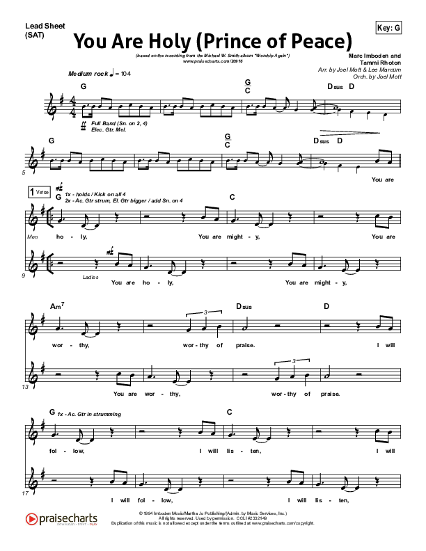 You Are Holy (Prince of Peace) Lead Sheet (SAT) (Michael W. Smith)