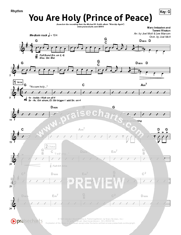 You Are Holy (Prince of Peace) Rhythm Chart (Michael W. Smith)