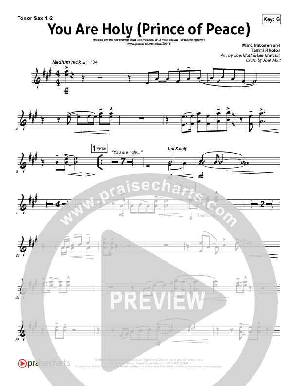 You Are Holy (Prince of Peace) Tenor Sax 1/2 (Michael W. Smith)