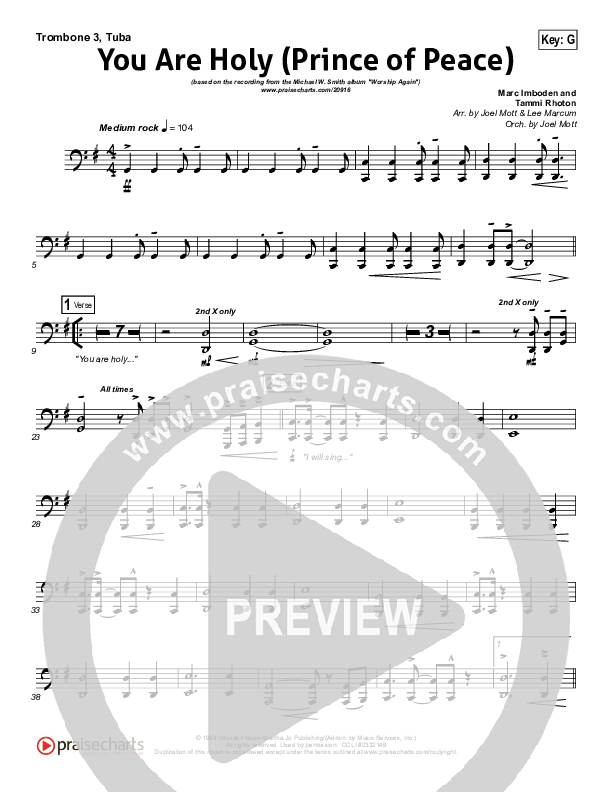 You Are Holy (Prince of Peace) Trombone 3/Tuba (Michael W. Smith)