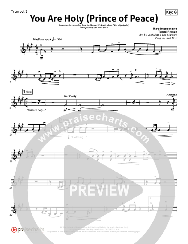 You Are Holy (Prince of Peace) Trumpet 3 (Michael W. Smith)