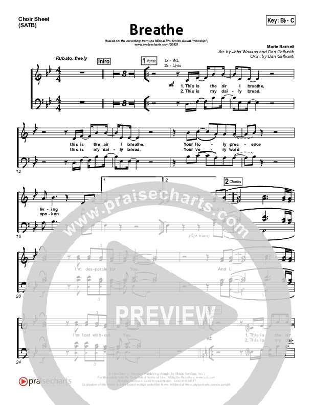 Breathe Choir Sheet (SATB) (Michael W. Smith)