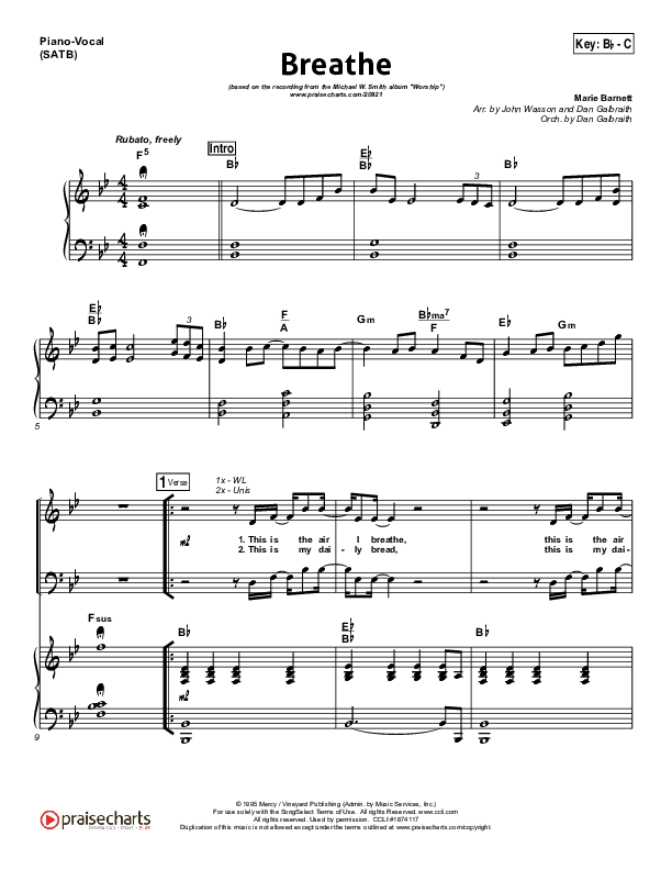 Breathe Piano/Vocal (SATB) (Michael W. Smith)