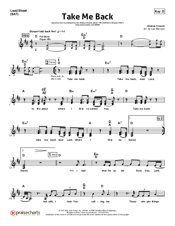 Take Me Back Lead Sheet (SAT) (Andrae Crouch)