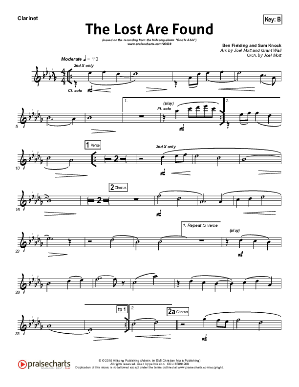 The Lost Are Found Clarinet (Hillsong Worship)