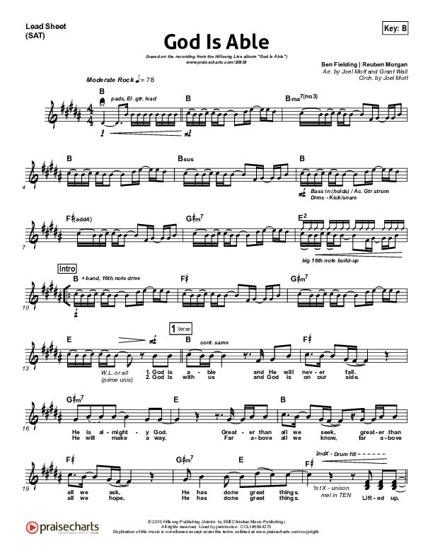 God Is Able Lead Sheet (SAT) (Hillsong Worship)