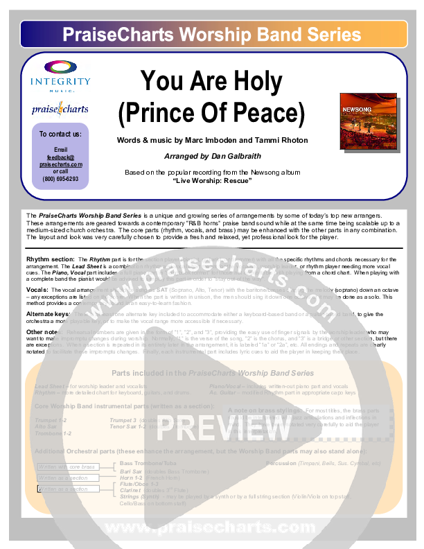 You Are Holy (Prince of Peace) Cover Sheet (Newsong)