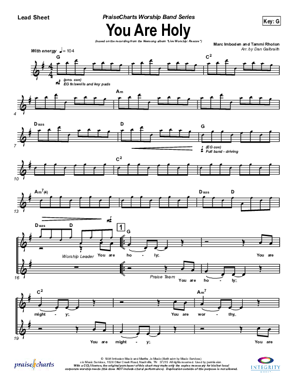 You Are Holy (Prince of Peace) Lead Sheet (Newsong)