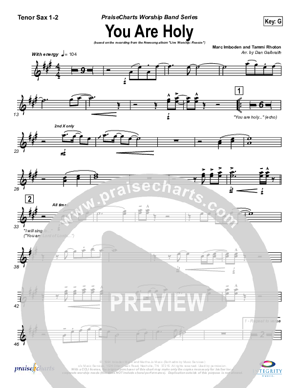 You Are Holy (Prince of Peace) Tenor Sax 1/2 (Newsong)